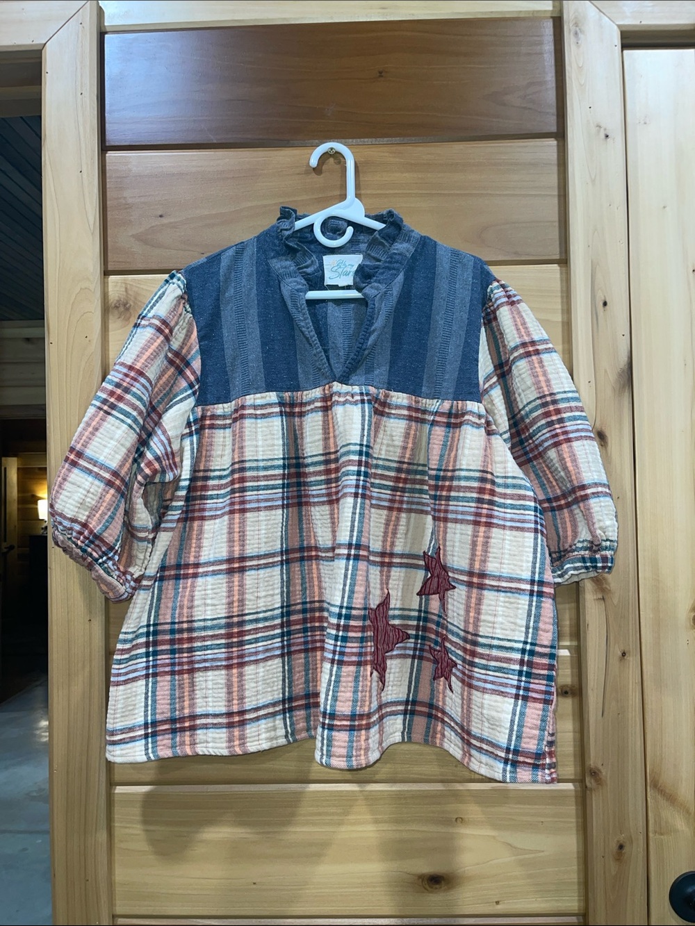 Plaid Peasant Blouse with Chambray Yoke - Cream & Blue